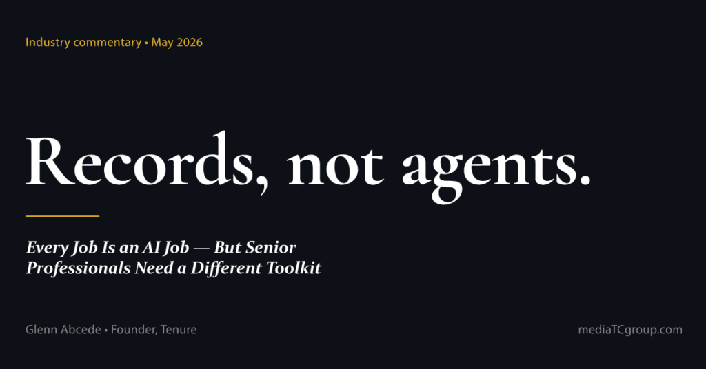 Editorial featured image with pull-quote "Records, not agents." for the blog post on what the AI-careers conversation misses for senior professionals.